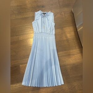 Ellen Tracy Light Blue Ruffle neck pleated dress